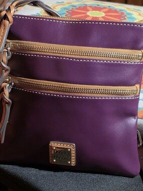 Dooney & Bourke Purple Leather Double-Zip Crossbody with Tan Trim